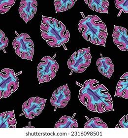 La Palm Neon de la Tendencia de la Mano del Vector deja un patrón sin inconvenientes en el fondo negro. Hojas tropicales de palma, hojas de selva sin costura vectorial de fondo textil de impresión floral. El Estilo Retro Vintage Deja La Textura.