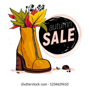 Vector hand drawn trendy fashion illustration with sale theme and autumn / spring female shoe isolated on white background. Marker sketch style. Perfect for banner, ad, flayer, tag, packaging etc.