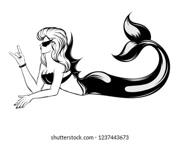 Vector hand drawn trendy illustration of mermaid isolated . Crteative tattoo artwork. Template for card, poster, banner, print for t-shirt, pin, badge, patch.
