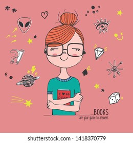 Vector hand drawn trendy illustration with fashion girl holding a book with glases, patches, lettering books are your guide to answers, cute sketch card, linear graphic