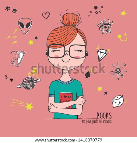 Vector hand drawn trendy illustration with fashion girl holding a book with glases, patches, lettering books are your guide to answers, cute sketch card, linear graphic