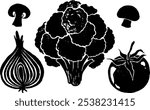 Vector hand drawn trendy illustrations of vegetables in folk style. Perfect for a grocery store branding. Food market. Collection of mushrooms, champignons, broccoli, cauliflower, tomato, onion.