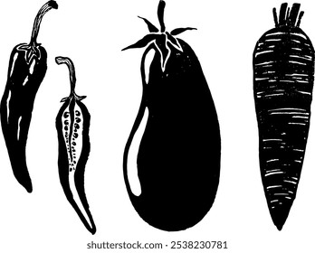 Vector dibujado a mano ilustraciones de moda de verduras en estilo popular. Perfecto para una marca de tienda de comestibles. Mercado de alimentos. Colección de chile, berenjena, zanahoria.