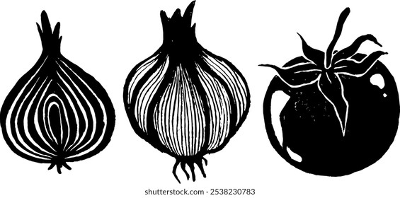 Vector dibujado a mano ilustraciones de moda de verduras en estilo popular. Perfecto para una marca de tienda de comestibles. Mercado de alimentos. Colección de cebolla, ajo, tomate.