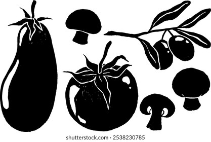 Vector dibujado a mano ilustraciones de moda de verduras en estilo popular. Perfecto para una marca de tienda de comestibles. Mercado de alimentos. Colección de berenjena, tomate, aceitunas, setas, champiñones.