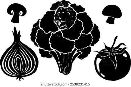 Vector dibujado a mano ilustraciones de moda de verduras en estilo popular. Perfecto para una marca de tienda de comestibles. Mercado de alimentos. Colección de champiñones, champiñones, brócoli, coliflor, tomate, cebolla.