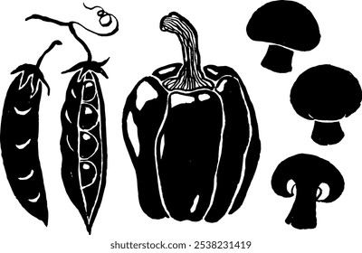 Vector hand drawn trendy illustrations of vegetables in folk style. Perfect for a grocery store branding. Food market. Collection of pea pods, beans, sweet pepper, mushrooms, champignons.