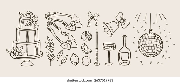Vector hand drawn trendy summer wedding with cakes, shoes, wine, disco ball outline illustration. Elegant flat minimalist hand drawn modern art for wedding invitations, menu, graphics and design