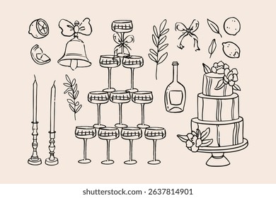 Vector hand drawn trendy summer wedding cakes, champagne wine glasses, candles outline illustration. Elegant flat minimalist hand drawn modern art for wedding invitations, menu, graphics and design