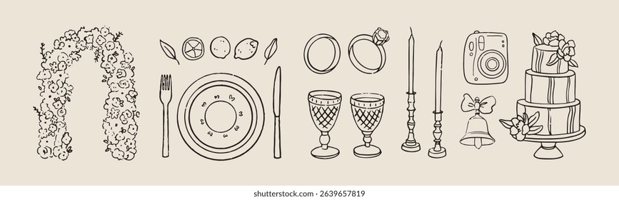 Vector hand drawn trendy summer wedding floral arch, dinner, cake, glasses outline illustration. Elegant flat minimalist hand drawn modern art for wedding invitations, menu, graphics and design