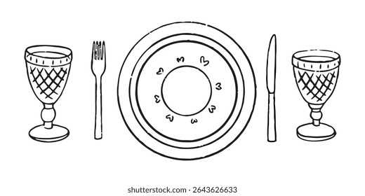 Vector dibujado a mano de moda de verano platos de cena de boda y gafas ilustración de contorno. Arte moderno dibujado a mano minimalista plano elegante para invitaciones de boda, menú, gráficos y diseño