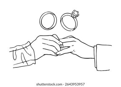Mão vetor desenhado na moda anéis de casamento de verão e mãos proposta esboço ilustração. Elegante plano minimalista mão desenhada arte moderna para convites de casamento, menu, gráficos e design