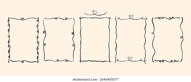 Vector hand drawn trendy summer wedding whimsical frame outline illustration set. Elegant flat minimalist hand drawn modern art for wedding invitations, menu, graphics and design