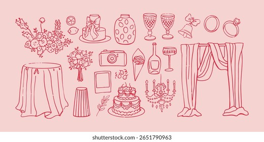 Vector hand drawn trendy summer wedding cakes, champagne wine glasses, candles outline illustration. Elegant flat minimalist hand drawn modern art for wedding invitations, menu, graphics and design
