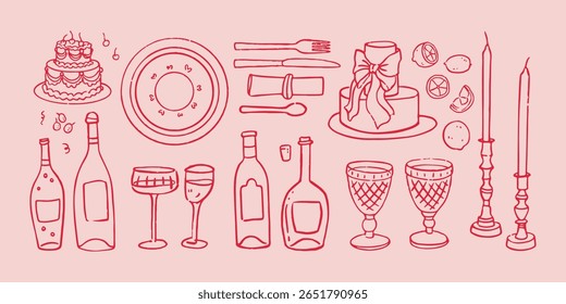 Vetor mão desenhado na moda bolos de casamento de verão, taças de vinho de champanhe, velas esboço ilustração. Elegante plano minimalista mão desenhada arte moderna para convites de casamento, menu, gráficos e design