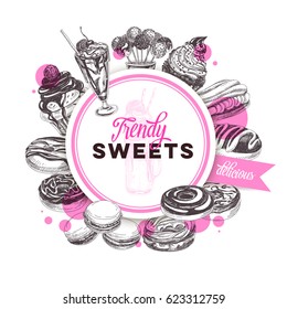 Vector hand drawn trendy sweets Illustration. Sketch vintage style. Design template. Retro background. Donuts, Eclairs, macarons and shakes.