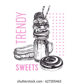 Vector dibujado a mano de dulces de moda. Boceto de estilo vintage. Plantilla de diseño. Fondo retro. Donuts, Eclairs, macarons y batidos.