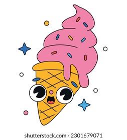 Vector hand drawn trendy traditional cartoon illustration of pink ice cream cone