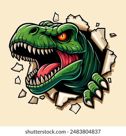 vector hand drawn t-rex roaring out of torn paper illustration