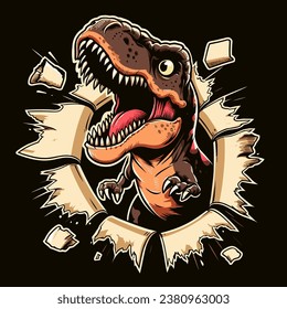 vector hand drawn t-rex roars out of a scrap of paper illlustration 