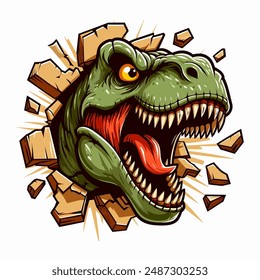 vector hand drawn t-rex roars out from  the wall illlustration