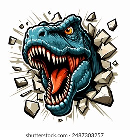 vector hand drawn t-rex roars out from  the wall illlustration