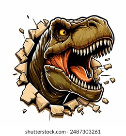 vector hand drawn t-rex roars out from  the wall illlustration