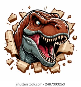 vector hand drawn t-rex roars out from torn paper illlustration