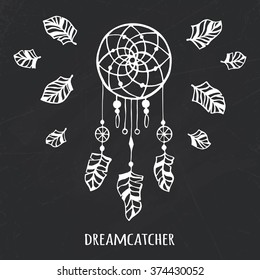 Vector hand drawn tribal dreamcatcher. Ethnic tribal feather  design. Traditional tribal  sign
