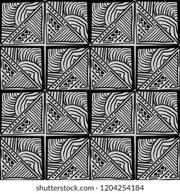Vector hand drawn tribal pattern with monochrome colors. Trendy ancient african style illustration. Geometric lines ornament. Decorative black and white seamless patterns ready for print.