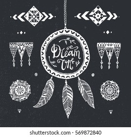 Vector Hand drawn tribal patterns with stroke, line, decorative elements, feathers, geometric symbols Aztec style. Dream catcher, calligraphy dream on. Boho design