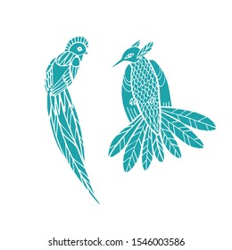 Vector hand drawn tropical birds. Vector illustration. Blue, green, turquoise, mint, neon.