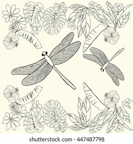 Vector hand drawn Tropical  flowers, leaves and dragonflies. Coloring book for adult, Coloring page. Design template for card, print, template, wallpaper, texture.