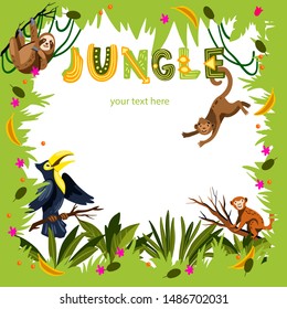 Vector hand drawn tropical frame with plants and animals on white background. Decorative “Jungle” background in cartoon style with monkey, toucan and sloth. For invitations to kids’ parties, banners