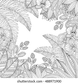 Ilustración tropical dibujada a mano con hojas exóticas y flores para libro de colorantes adultos. Esbozo de mano libre para página del libro de colorantes antiestrés para adultos con elementos doodle y zentangle