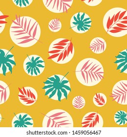 Vector hand drawn tropical leaves in white bubbles seamless pattern.