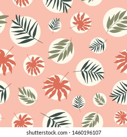 Vector hand drawn tropical leaves in white bubbles seamless pattern.