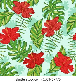 Vector hand drawn tropical leaves snd flowers. Tropical collection. Template design for fabric, envelope, valentine, for party, holiday decor.