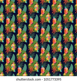 Vector hand drawn tropical pattern with tropical leaves and birds elements for background, textiles, wrapping paper, greeting card design