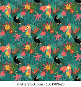 Vector hand drawn tropical pattern with tropical leaves and birds elements for background, textiles, wrapping paper, greeting card design