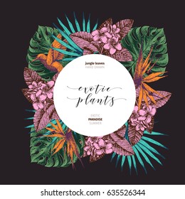 Vector hand drawn tropical plants poster. Exotic engraved leaves and flowers. round border. Monstera, livistona palm leaves, bird of paradise, plumeria, hibiscus. Use for exotic wedding, party