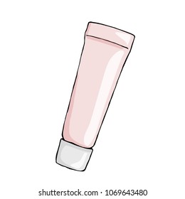 Vector hand drawn tube for cream, tooth paste, gel, sauce, paint, glue. Isolated on white background. Sketched mockup of cosmetic package.