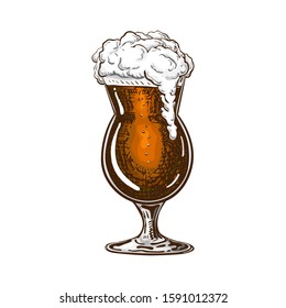 vector hand drawn tulip beer glass full of dark beer with liquid foam. Beautiful vintage beer mug or snifter with dropping froth isolated on white background. Alcoholic brown beverage in glassware