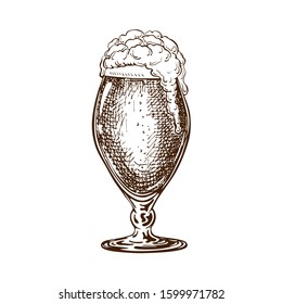 vector hand drawn tulip beer glass full of beer with liquid foam. Beautiful vintage beer mug or snifter with dropping froth isolated on white background. Alcoholic beverage in glassware