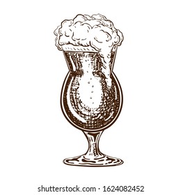 vector hand drawn tulip beer glass full of beer with liquid foam. Beautiful vintage beer mug or snifter with dropping froth isolated on white background. Alcoholic beverage in glassware