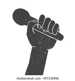 Vector hand drawn typography Microphone in a hand. Creative vintage style illustration.