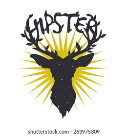 Vector hand drawn typography poster illustration. Deer with horns with leave and word hipster. Sun on the background