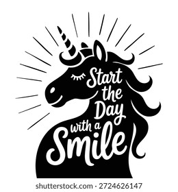 Cartel de tipografía dibujado a mano de Vector con unicornio sonriente Comience el día con una sonrisa inspiradora ilustración vintage motivacional con letras cita divertida impresión