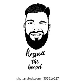 Vector hand drawn typography poster with bearded man's head."Respect the beard". Inspirational and motivational illustration.Hipster hair and beards.