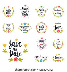Vector hand drawn typography save the date quote text logo badge design wedding for greeting cards or invitations illustration